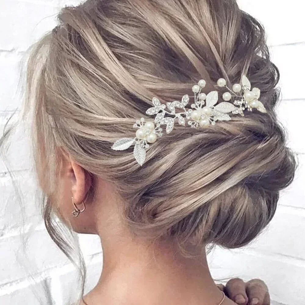 Pearl Bride Wedding Hair Pins Silver Leaf Bridal Hair Pieces Rhinestones Hair Ac